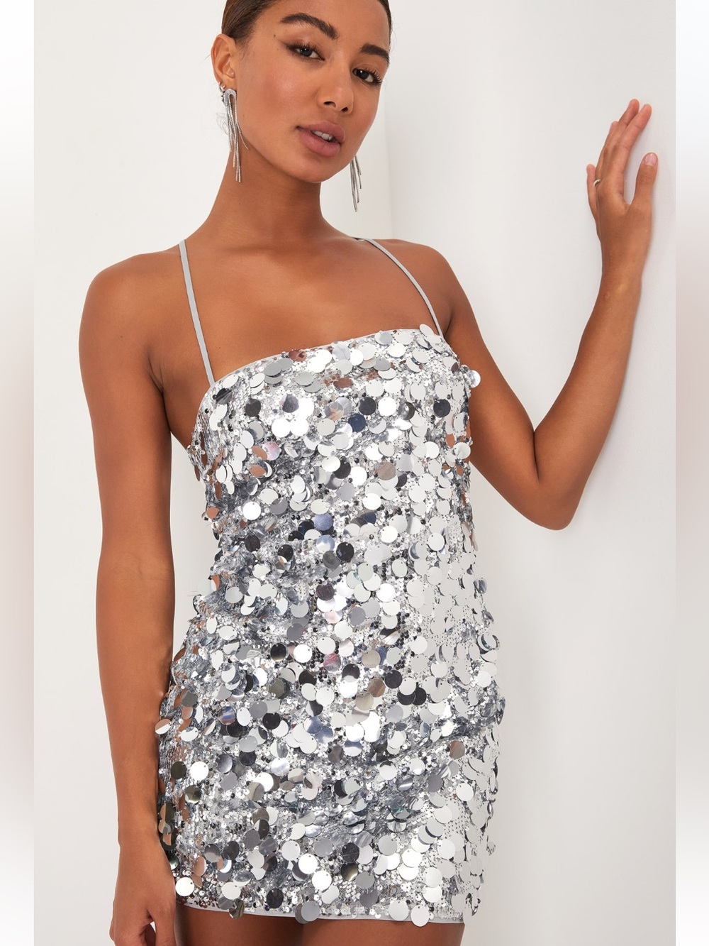 Lulus Passionate Sparkle Silver Sequin Lace Up Mini Bodycon Dress size XS NWT